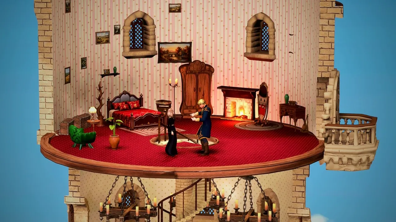 A cutaway view of a red-carpeted bedroom floor with a chandelier hall below it.